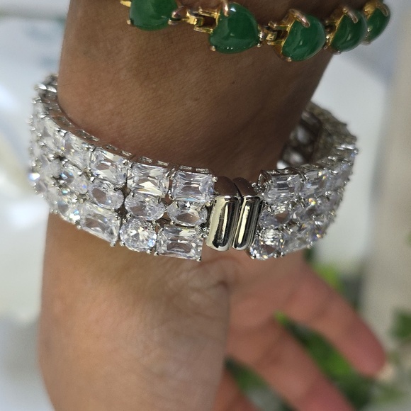 Quality Triple Row Cubic Zirconia Crystal Statement Bangle Bracelet - Picture 13 of 13